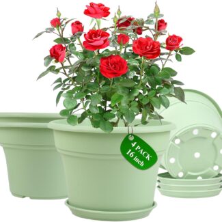 Pottiffe 16 inch Plastic-Flower-Pot-for-Indoor-Plants, 4 Pack Large Outdoor Planter Pot with Drainage Holes & Saucers, Resin Decorative Garden Pots Planters
