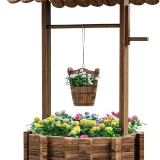 UDPATIO Wishing Wells for Outside, Wooden Wishing Well Planter for Yard, Upgrade Wishing Well with 4 Reinforced Rod & Hanging Bucket for Garden Patio Lawn Backyard Home Decor