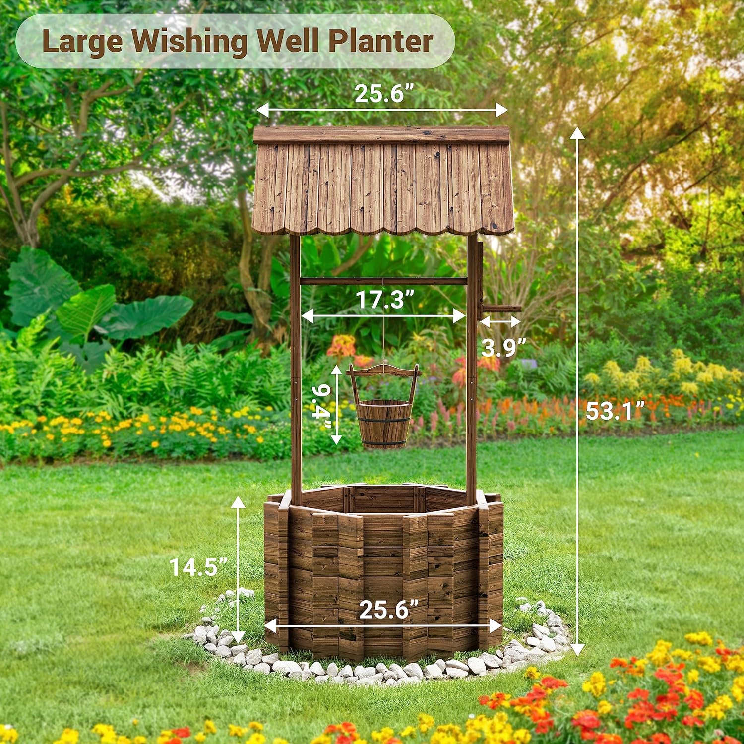 UDPATIO Wishing Wells for Outside, Wooden Wishing Well Planter for Yard, Upgrade Wishing Well with 4 Reinforced Rod & Hanging Bucket for Garden Patio Lawn Backyard Home Decor - Image 2