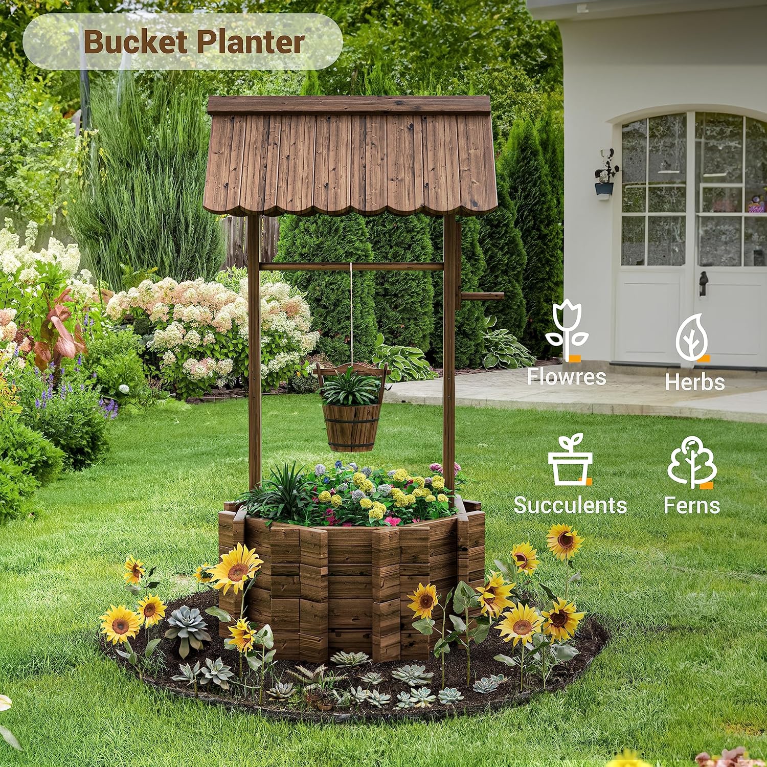 UDPATIO Wishing Wells for Outside, Wooden Wishing Well Planter for Yard, Upgrade Wishing Well with 4 Reinforced Rod & Hanging Bucket for Garden Patio Lawn Backyard Home Decor - Image 4