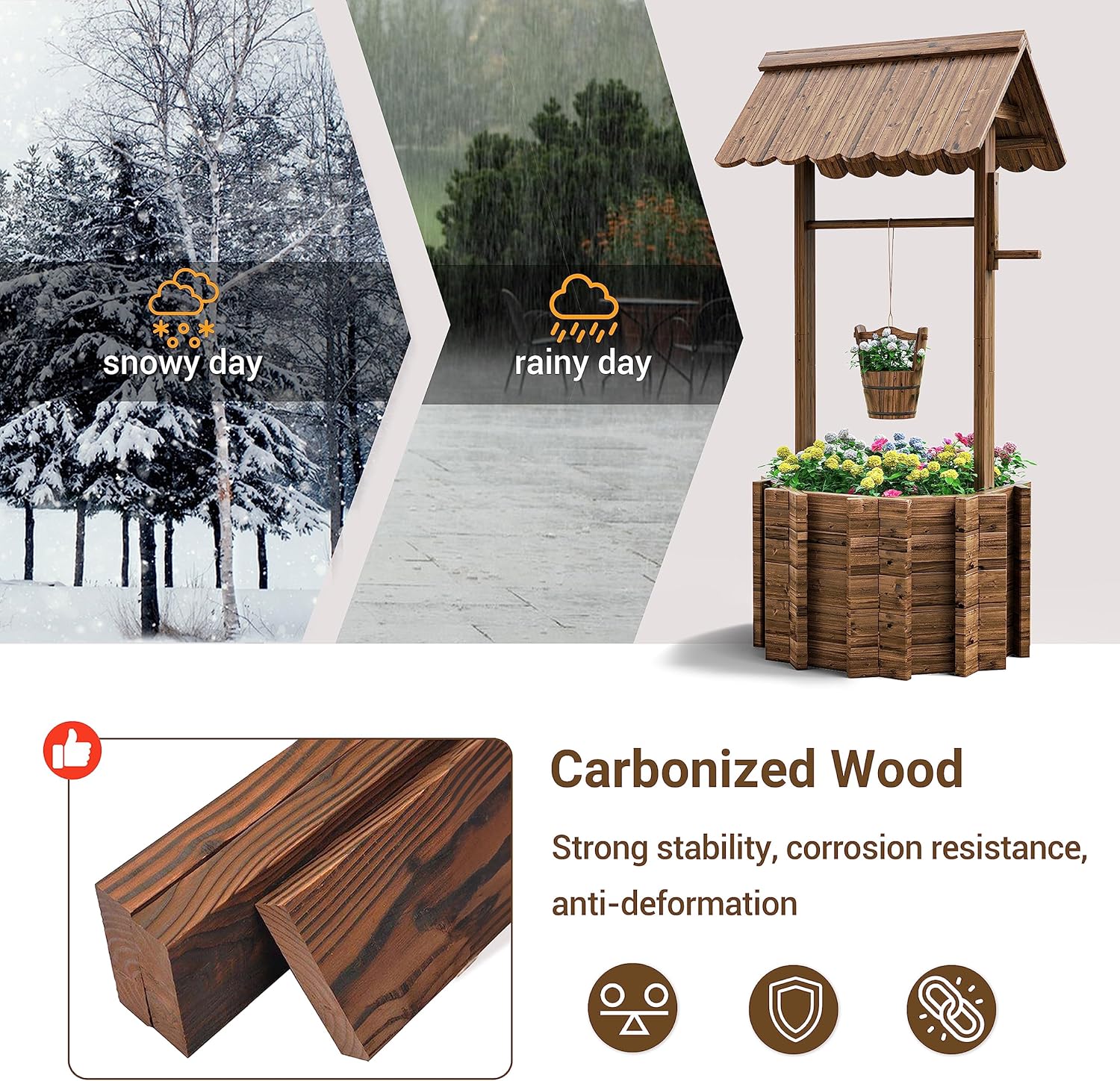 UDPATIO Wishing Wells for Outside, Wooden Wishing Well Planter for Yard, Upgrade Wishing Well with 4 Reinforced Rod & Hanging Bucket for Garden Patio Lawn Backyard Home Decor - Image 5