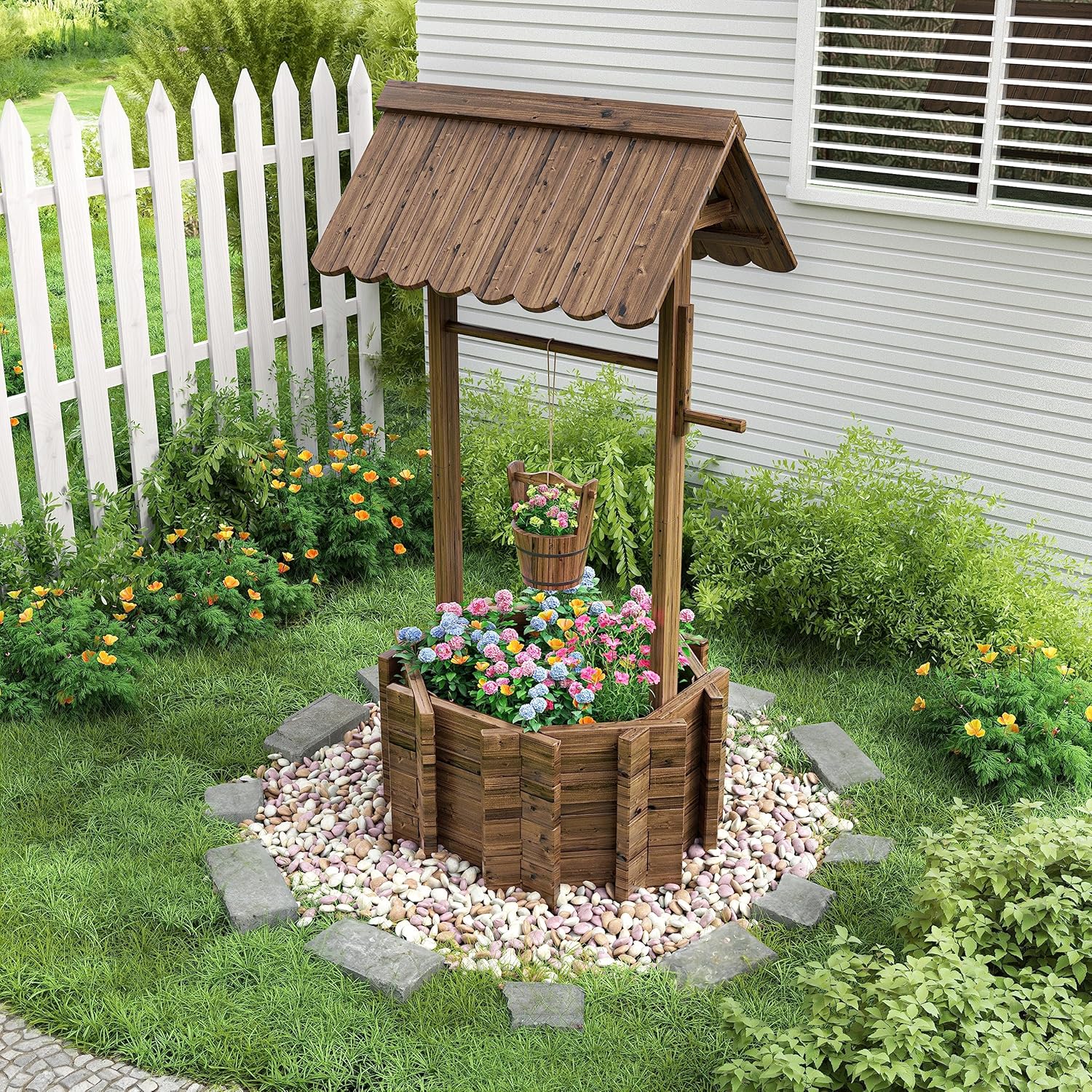 UDPATIO Wishing Wells for Outside, Wooden Wishing Well Planter for Yard, Upgrade Wishing Well with 4 Reinforced Rod & Hanging Bucket for Garden Patio Lawn Backyard Home Decor - Image 6