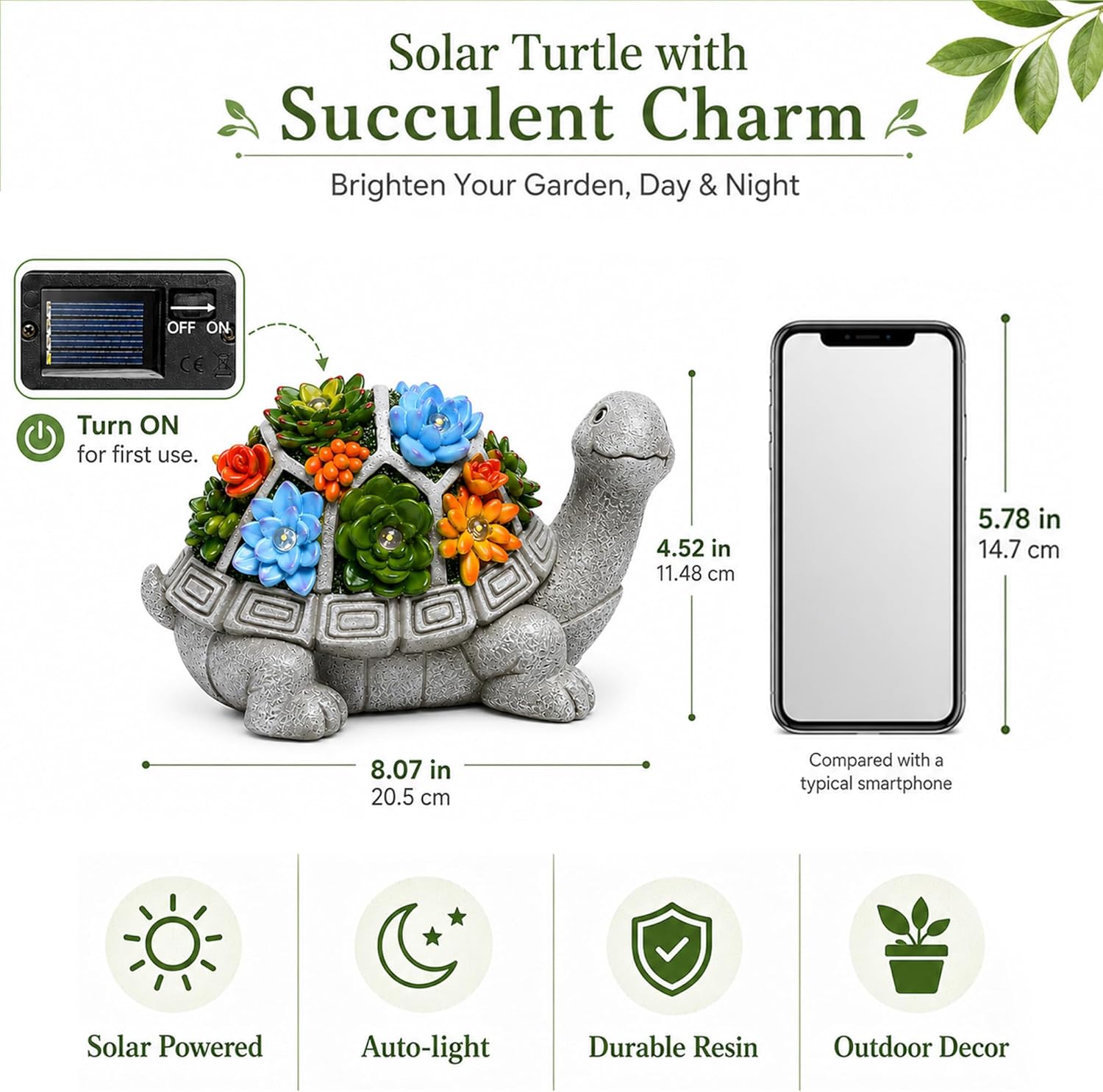 Nacome Solar Garden Outdoor Statues Turtle with Succulent and 7 LED Lights - Lawn Decor Statue for Patio, Balcony, Yard Ornament - Gifts for Mom Grandma Women - Image 7