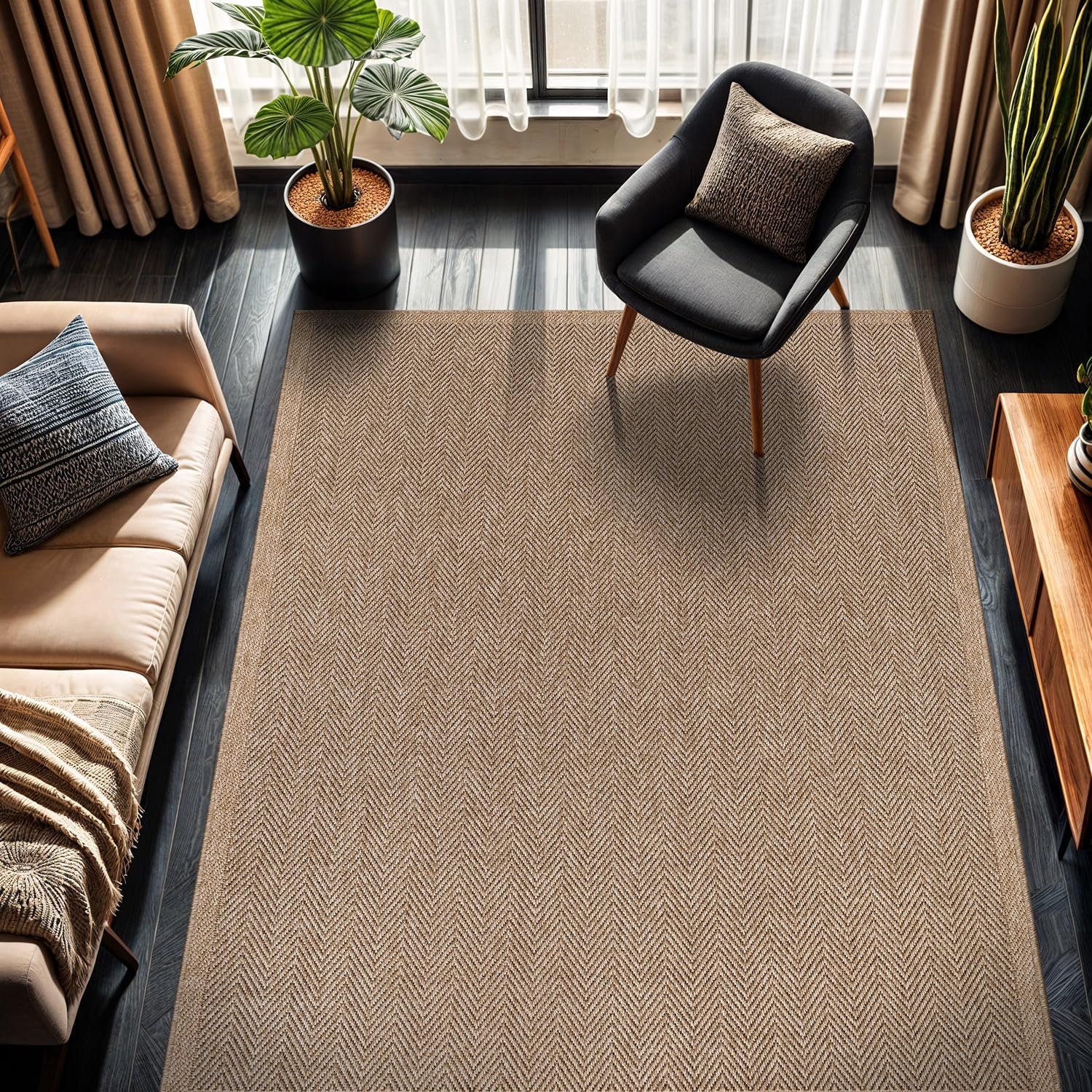 CAMILSON Easy Jute Rug 10x14, Indoor Outdoor Natural Color Fiber Area Rugs for Living Room Patio and Kitchen Rug Herringbone Woven Design Easy-Cleaning Washable Outside Carpet Alfombras 10 x 14 - Image 5