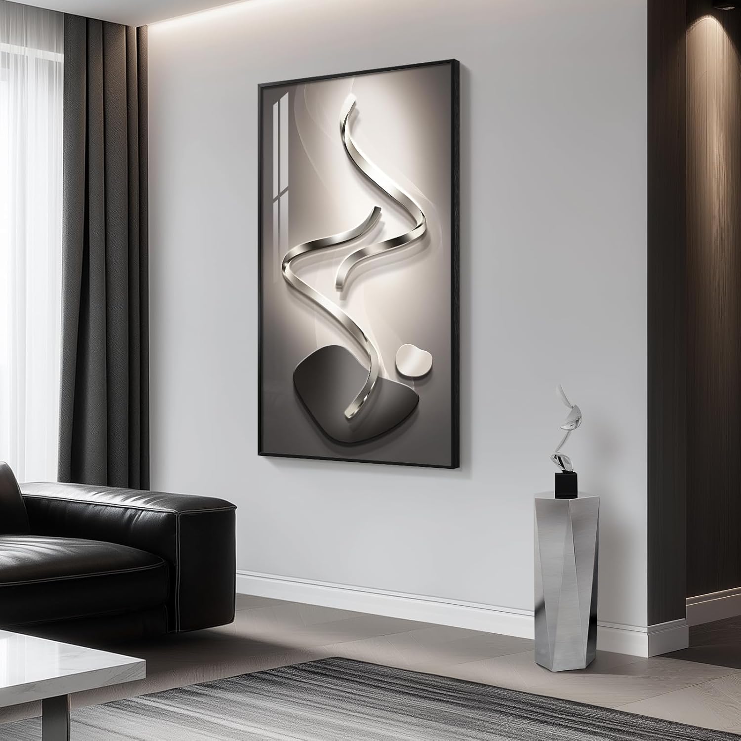 Large Framed Modern Abstract Vertical Wall Art for Living Room, Black Grey Prints Paintings Artwork for Walls, Silver Gray Luxury Pictures for Hallway Entryway Foyer Stair Office Wall Decor 30x60 Inch - Image 2
