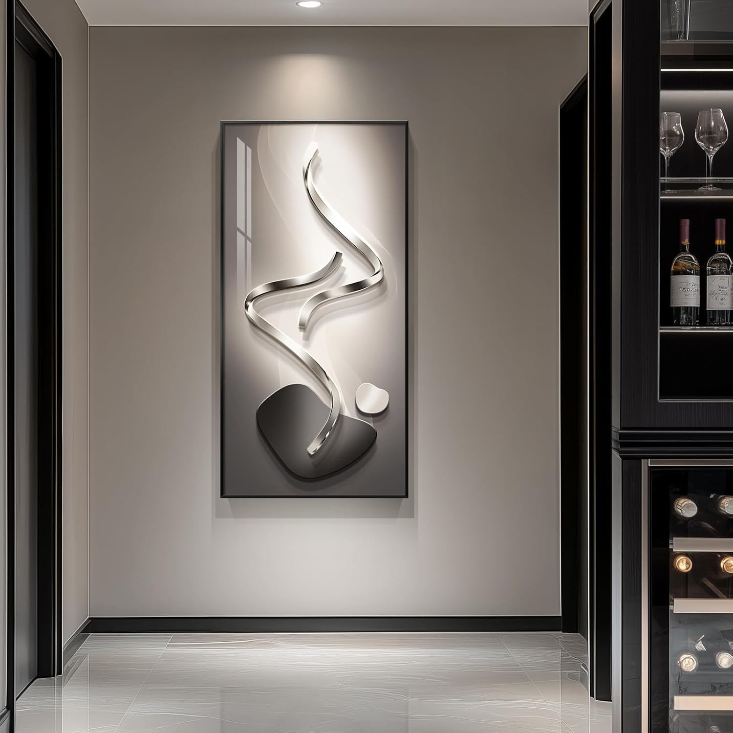 Large Framed Modern Abstract Vertical Wall Art for Living Room, Black Grey Prints Paintings Artwork for Walls, Silver Gray Luxury Pictures for Hallway Entryway Foyer Stair Office Wall Decor 30x60 Inch - Image 3