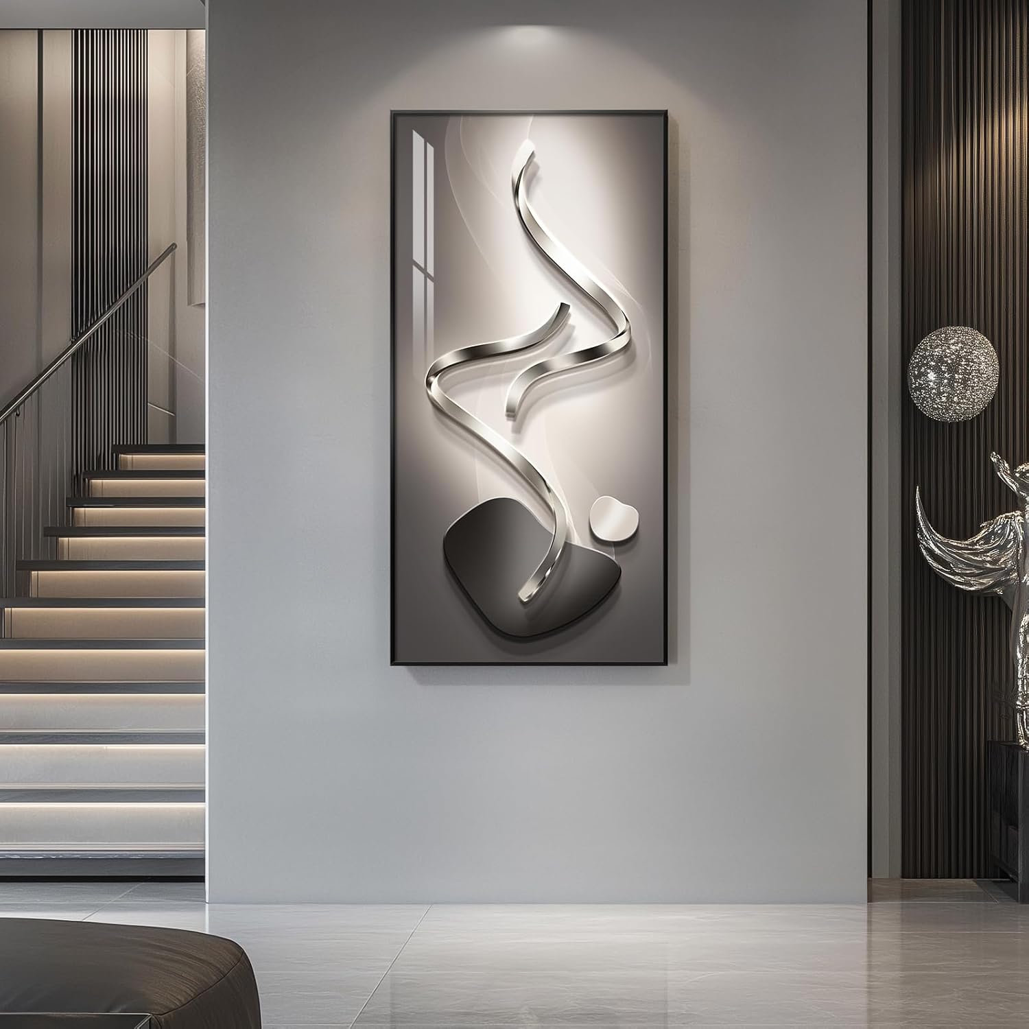 Large Framed Modern Abstract Vertical Wall Art for Living Room, Black Grey Prints Paintings Artwork for Walls, Silver Gray Luxury Pictures for Hallway Entryway Foyer Stair Office Wall Decor 30x60 Inch - Image 5
