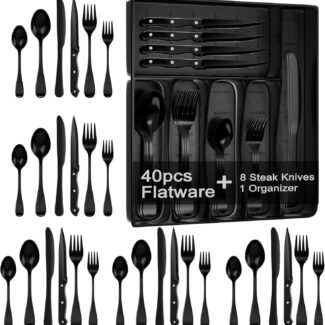 JUNLIN 49 Pieces Black Silverware Set with Steak Knives, Stainless Steel Silverware with Organizer Flatware Utensils Set for 8, Forks and Spoons Silverware Set Cutlery Set