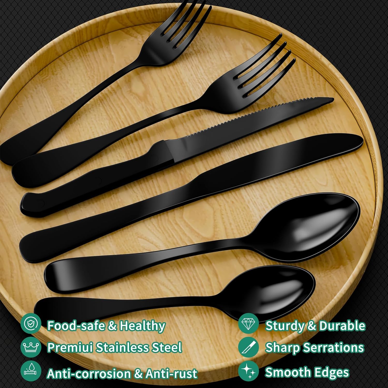 JUNLIN 49 Pieces Black Silverware Set with Steak Knives, Stainless Steel Silverware with Organizer Flatware Utensils Set for 8, Forks and Spoons Silverware Set Cutlery Set - Image 4